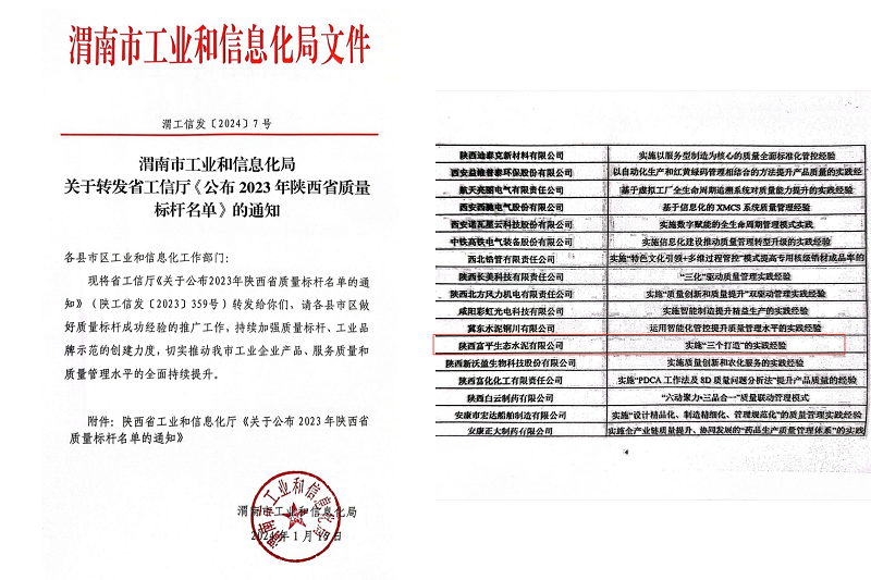 喜報！富平公司榮獲陜西省質(zhì)量標桿榮譽(yù)